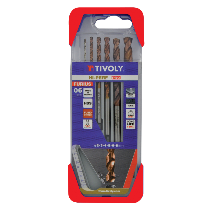 Tivoly FURIUS FUSIO metallipuuride komplekt – 6-osaline Ø2–8 mm, 135° "split point", 35° N-spiraaliga, FUSIO-kate, HSS, CLIPSTER karp