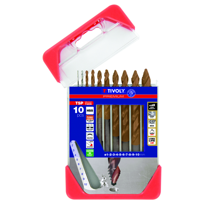 Tivoly Smart Point FUSIO metallipuuride komplekt – 10-osaline Ø 1–10 mm, FUSIO-kate HSS, 5 mm kolmnurkvars, automaatne tsenterdus, CLIPSTER karp