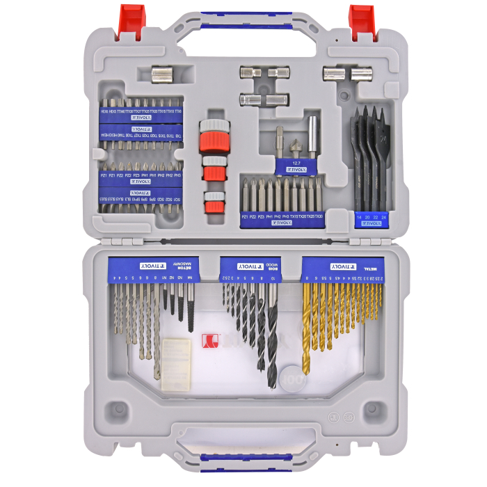 Tivoly mitmeotstarbeline puurimis- ja ekstraktorkomplekt – 100-osaline, HSS, karbiid- ja puidupuurid, soklid ja ekstraktorid, RANGER karp