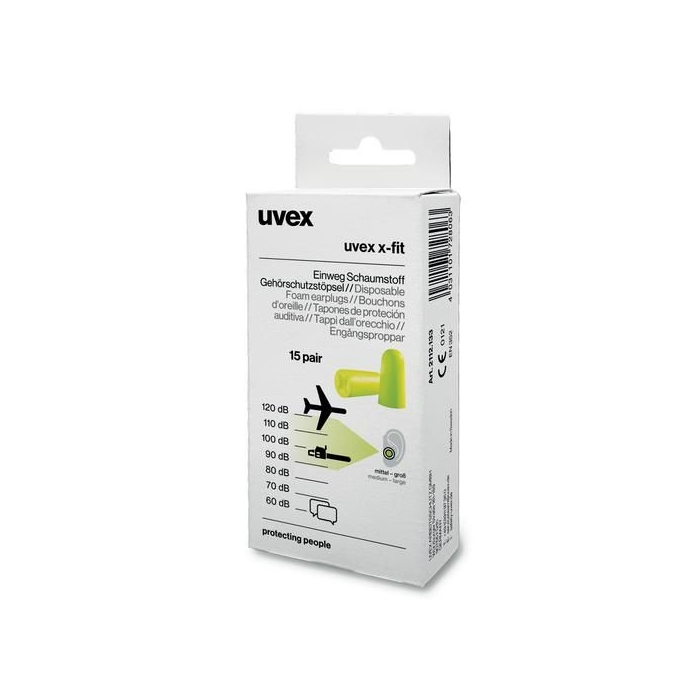 Kõrvatropid, ühekordsed, Uvex X-fit, SNR: 37dB. Väga mürarikkasse keskonda. 15 paari Minibox. Suurus M. Jaepakend.