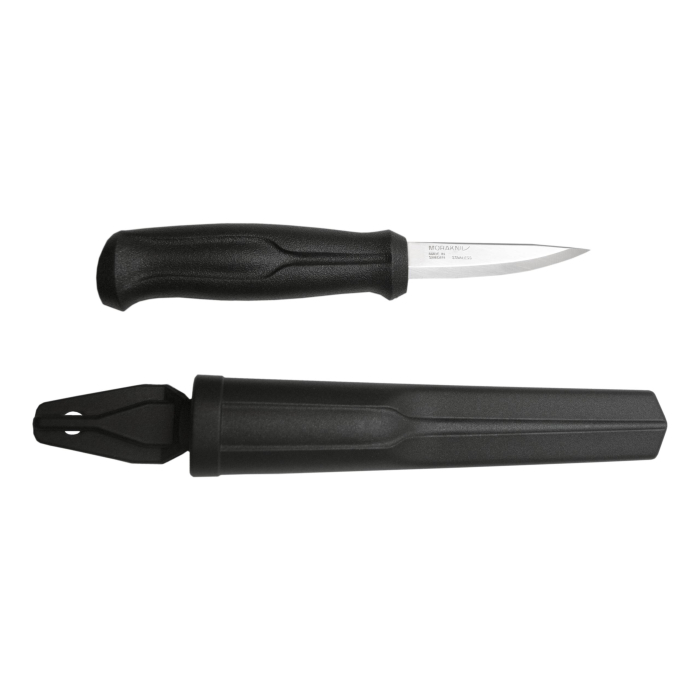 Morakniv voolimisnuga Basic – 2,0 mm roostevaba tera, 7,5 cm, must polüpropüleenist käepide, plastik noatupega.