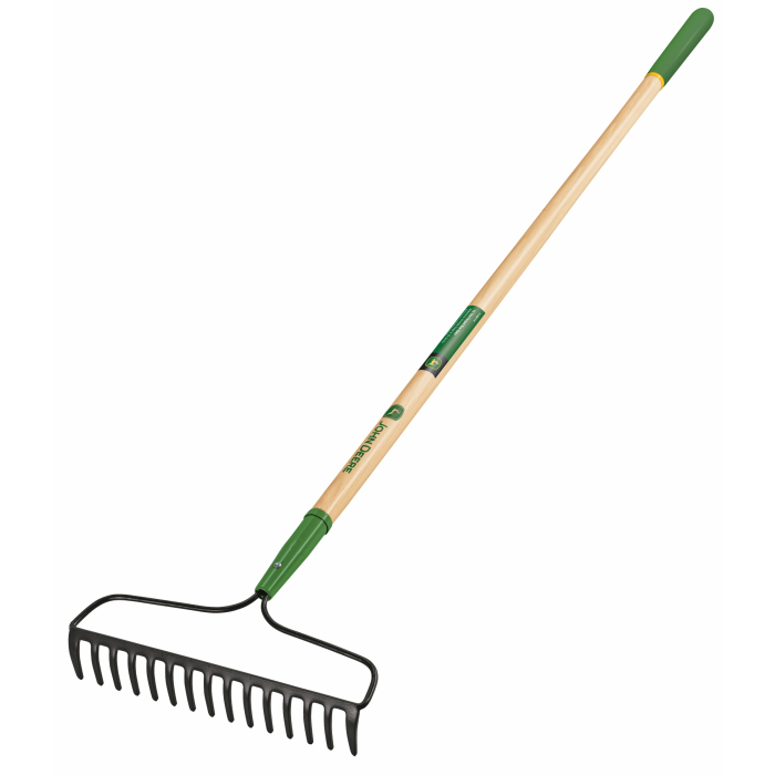 John Deere kaarkinnitusega sepistatud aedniku reha metallist piidega ja puidust varrega, 166cm