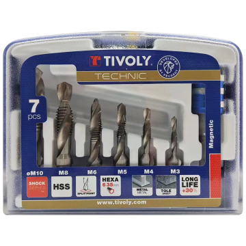 Tivoly kombineeritud keermestuskomplekt – 7-osaline, M3–M10, HSS, kuusnurkne vars, 3-ühes puuri-keermesta-faasi tööriist
