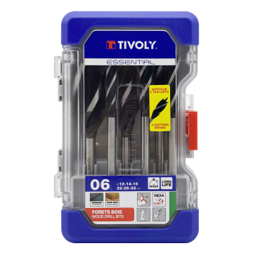 Tivoly puidupuuride komplekt – 6-osaline Ø12/14/16/22/25/32 mm, 4 lõikeserva, 6,35 mm kuusnurkvars, süsinikterasest