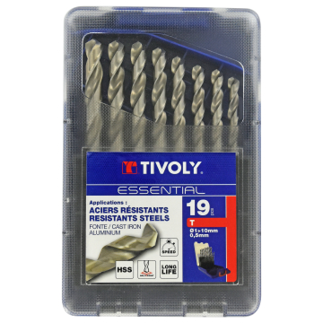 Tivoly metallipuuride komplekt – 19-osaline Ø1–10 mm (0,5 mm sammuga), "split point", 30° N-spiraaliga, HSS, silindriline vars