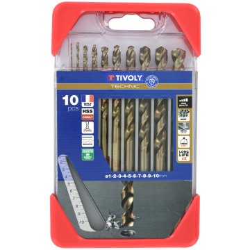 Tivoly SLR metallipuuride komplekt – 10-osaline Ø 1–10 mm, HSS-Co(5%), 35° N-spiraaliga, lasertähistus sügavuse kontrolliks, CLIPSTER karp