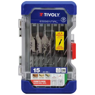 Tivoly puidupuuride komplekt – 15-osaline, Ø2–24mm, kolmiktipuga ja lamedad puurid, RANGER karp