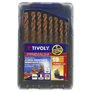 Tivoly FURIUS FUSIO metallipuuride komplekt – 19-osaline Ø 1–10 mm, 135° "split point", 35° N-spiraaliga, FUSIO-kate HSS, automaatne tsenterdus, TIVOLY BOX