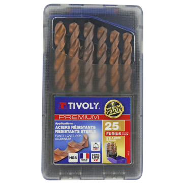 Tivoly FURIUS FUSIO metallipuuride komplekt – 25-osaline Ø 1–13 mm (0,5 mm sammud), 135° "Split point", FUSIO-kate HSS silindriline vars, TIVOLY BOX