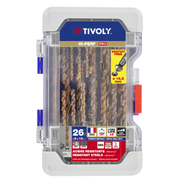 Tivoly FURIUS FUSIO metallipuuride ja süvistite komplekt – 26-osaline Ø2–13 mm "split point" HSS, FUSIO kattega, 135° tipp, 30° N-spiraaliga, RANGER karp