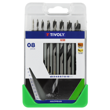 Tivoly puidupuuride komplekt – 8-osaline Ø2–10 mm, kolmiktipuga teritus ja lihvitud sooned, HSS, silindriline vars