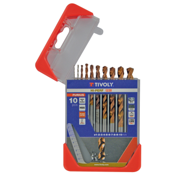 Tivoly FURIUS FUSIO metallipuuride komplekt – 10-osaline Ø1–10 mm, "split point" HSS, FUSIO-kate, 35° N-spiraaliga, 135° tipp, CLIPSTER karp