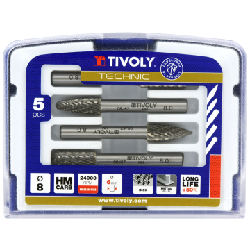 Tivoly karbiidist rotatsioonifreeside komplekt – 5-osaline, Ø8mm, laastumurdjatega hambad, 6mm vars, TECHNIC seeria
