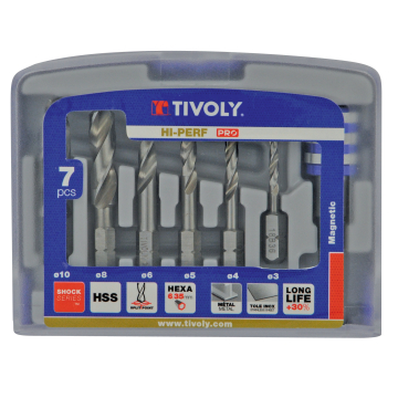 Tivoly täisterasest-puuri ja otsikuhoidja komplekt – 7-osaline Ø3–10 mm, "split point", 30° N-spiraaliga, HSS, 6,35 mm kuusnurkvars