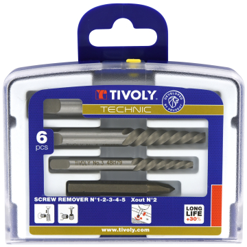 Tivoly tappide ja kruvide ekstraktorite komplekt – 6-osaline (ekstraktorid nr 1–5 + X-Out Ø2–8 mm), HRC-karastatud teras