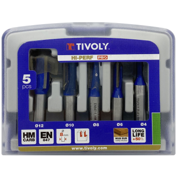 Tivoly soonefreeside komplekt – 5-osaline Ø 4–12 mm, HM teemantlõige, 8 mm vars