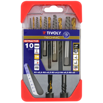 Tivoly ekstraktorite ja puuride komplekt – 10-osaline, tappide ekstraktorid N1–N5 + TiN-kattega HSS-puurid Ø 2,8–8 mm, kolmnurkvars, hall karp