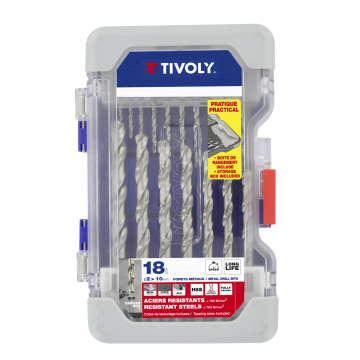 Tivoly metallipuuride komplekt – 18-osaline Ø2–10 mm, "split point", 30° N-spiraaliga, HSS, silindriline vars, RANGER karp