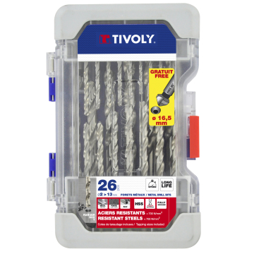 Tivoly metallipuuride ja süvisti komplekt – 26-osaline Ø2–13 mm + Ø16,5 mm süvistaja, "split point" HSS, 30° N-spiraaliga, silindriline vars