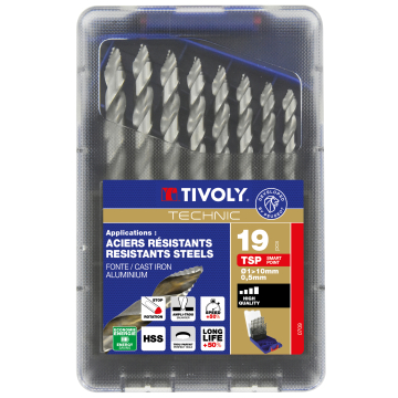 Tivoly Smart Point HSS-metallipuuride komplekt – 19-osaline Ø 1–10 mm, automaatne tsenterdus ja Smart Point, 5 mm kolmnurkvars