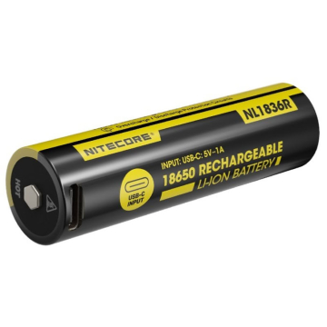 Nitecore NL1836R laetav 18650 Li-ion aku – 3600 mAh, USB-C laadimine, 6A, nikkelkattega teras