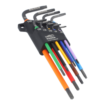 Bahco L-Torx võtmete komplekt – 9 tk T8–T40, pikk vars, värvikoodid, fosfaatviimistlus, pehme käepidemega hoidik